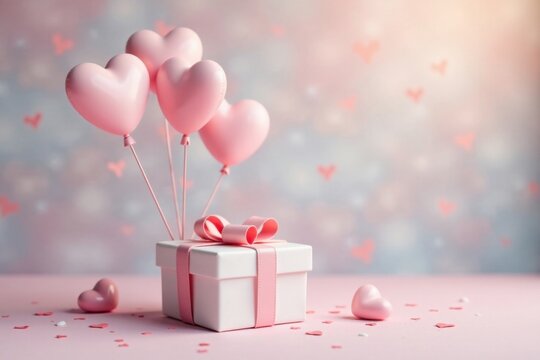 A delightful present of love pink heart-shaped balloons attached to a charming white gift box, surrounded by confetti hearts on a soft pink surface, creating a romantic and festive atmosphere.