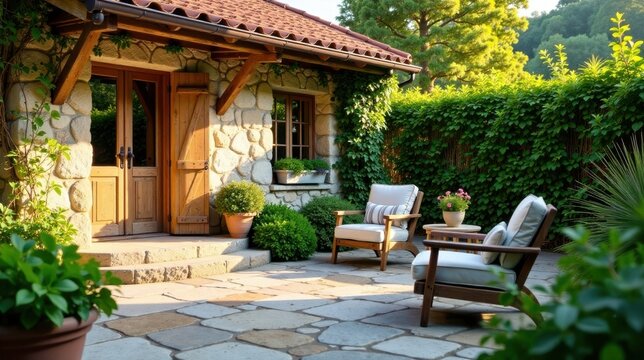 Stone Patio with Wooden Chairs and Lush Greenery near a Rustic House
