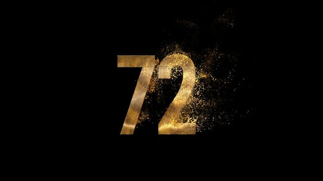 Beautiful Golden Number 72 with golden particles and transparent background, golden number seventy two
