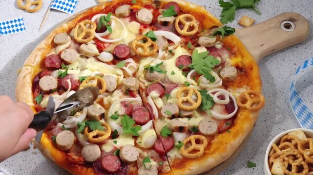 Oktoberfest Pizza with various bavarian sausages, beer and pretzels, beer snacks with festive decorations and bavarian flags, Oktoberfest party and picnic food idea
