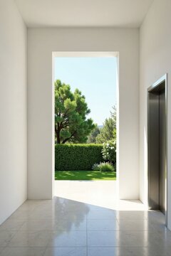 Serene Interior View  Open doorway revealing a tranquil garden with lush greenery, neatly trimmed hedges, and a vibrant tree, complemented by a sleek elevator nearby.
