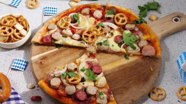 Oktoberfest Pizza with various bavarian sausages, beer and pretzels, beer snacks with festive decorations and bavarian flags, Oktoberfest party and picnic food idea