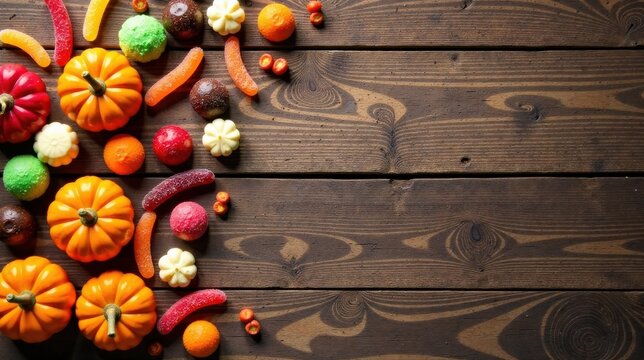 Autumnal Sweets and Treats Arranged on Rustic Wooden Surface