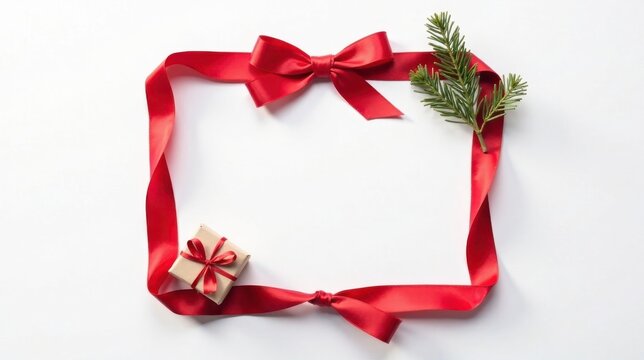 A Festive Rectangular Frame Crafted from Elegant Red Ribbon, Adorned with a Small Gift and Evergreen Sprig