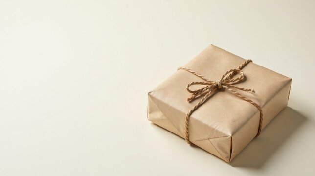 A simply wrapped gift, tied with twine, rests on a neutral background, symbolizing thoughtful presentation and understated elegance.