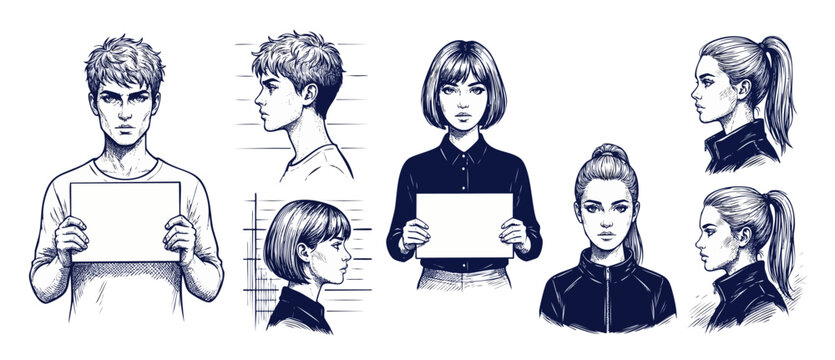 Police Mugshot Sketch Lineup Suspects holding blank sign boards, hand drawn criminal booking portraits with front and side profile views in ink engraving style illustration set.