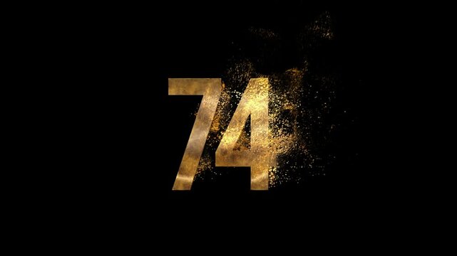 Beautiful Golden Number 74 with golden particles and transparent background, golden number seventy four