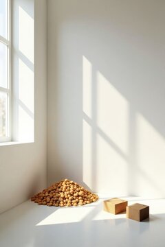 Sunlit Room with Pile of Small Objects and Wooden Blocks