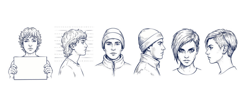 Mugshot line art sketch portraits of diverse suspect characters in front and side profile view, police booking lineup illustration holding blank sign on white background