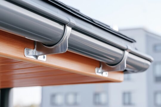 Modern gray metal roof structure with a plastic gutter drainage system on a residential house. Contemporary corrugated steel sheet roofing profile architectural exterior building detail close-up.