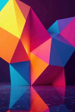 Abstract vibrant geometric shapes reflecting on a glossy surface, creating a captivating interplay of color and form