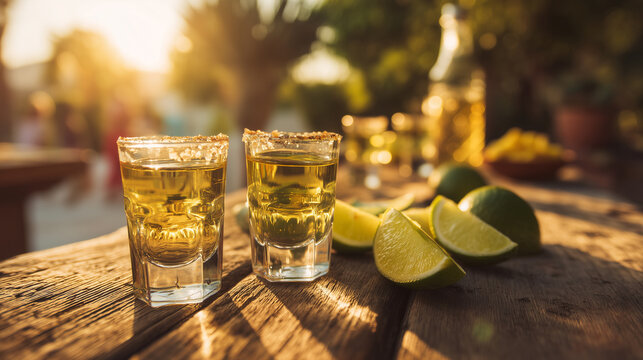 Golden Hour Tequila Shots with Lime on Rustic Table, Friends Celebrating at Summer Party, Premium Mexican Spirit, Outdoor Celebration, Festive Lifestyle and Hospitality Concept teq