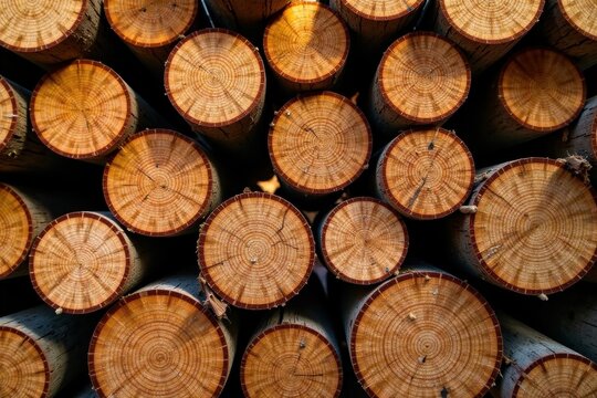 A captivating array of neatly stacked timber logs, showcasing the intricate concentric rings of each cross-section, revealing the natural beauty and age of the wood.