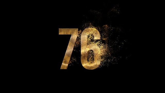 Beautiful Golden Number 76 with golden particles and transparent background, golden number seventy six