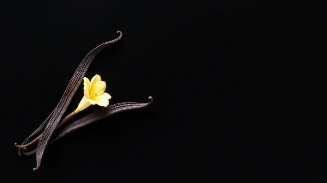 Aromatic Vanilla Bean Pods and Delicate Yellow Blossom on Dark Background