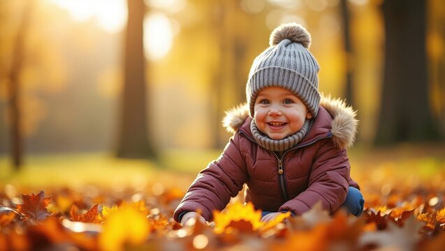 Happy adorable toddler holding colorful autumn maple leaf in a sunny park. Cute child wearing warm clothes enjoying fall season outdoors with golden foliage and smiling at the camera.