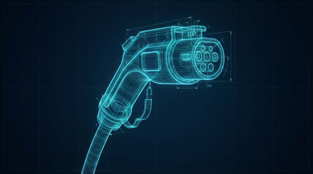 Detailed blueprint illustration of an electric vehicle charging connector shown in bright glowing neon blue lines