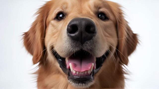 the cute golden retriever's head as it looks towards the viewer, reveals its bright pink tongue clearly. Intense color saturation against a pure white background