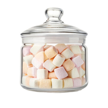 Glass apothecary jar filled with colorful mini marshmallows for kitchen storage