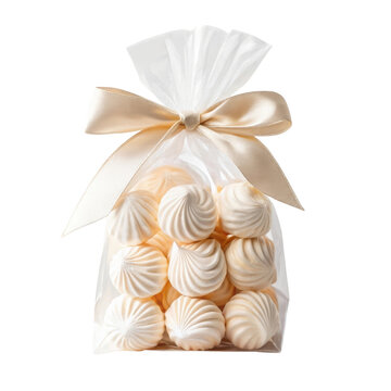 Cellophane gift bag filled with vanilla meringue cookies and satin ribbon