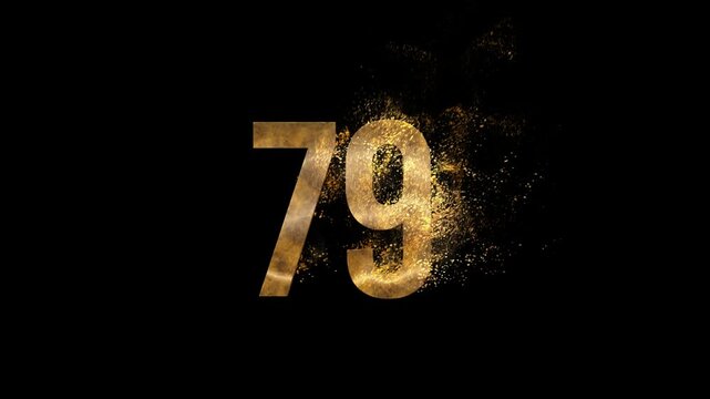 Beautiful Golden Number 79 with golden particles and transparent background, golden number seventy nine