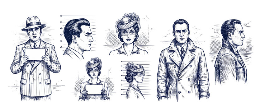 Vintage gangster mugshot sketch illustration of retro noir criminals, suspects, and mobsters in 1940s line art style, featuring classic lineup portraits with fedoras, trench coats, and hats sets total