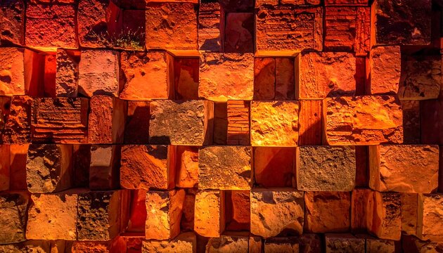 Ancient brick wall with warm lighting and shadows.