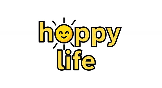 Cheerful Hoppy Life Pun Typography with Cute Smiling Sun Character Yellow Illustration for Motivation