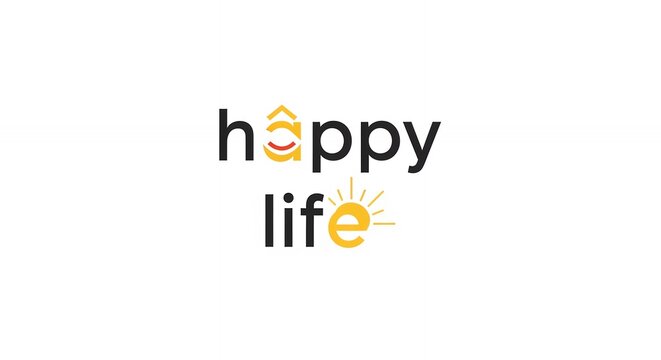 Happy Life Inspirational Quote Typography Design with Cheerful Smiley Face and Sun Icon Illustration on White