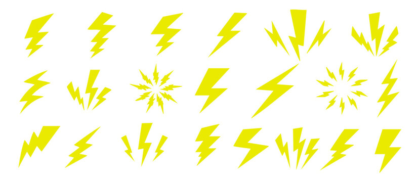 Yellow lightning bolts with shadow set on white background, bold electric flash icons for storm, power, energy, warning and comic design.