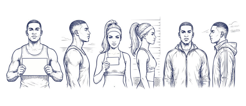Mugshot line drawing suspect lineup of athletic young man and woman holding blank cards, front and profile portrait views in crosshatch sketch style on white background for police arrest file details.