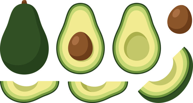 Organic green avocado flat vector icon collection with raw slices halves and seed elements for healthy food packaging or recipe design