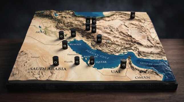 Topographical 3D Map of the Middle East with Strategic Markers.