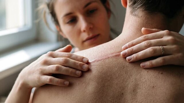 Man with back scar showing natural body, healing and body positivity concept