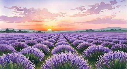 Fototapeta premium Purple Lavender Field Blooming at Colorful Sunset in Countryside Landscape