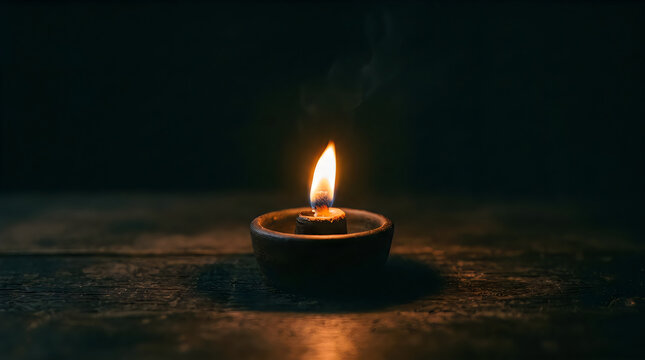 Single candle flame burning on dark wooden surface