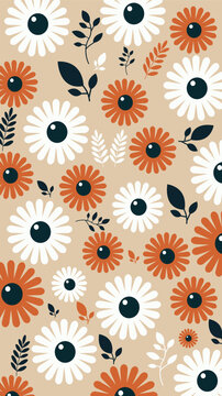 Retro Boho Daisy Floral and Leaves Seamless Pattern on Beige Background