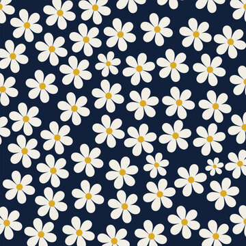 Retro Daisy Floral Seamless Pattern on Navy Blue Background