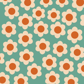 Groovy 70s Daisy Floral Seamless Pattern on Sage Green Background