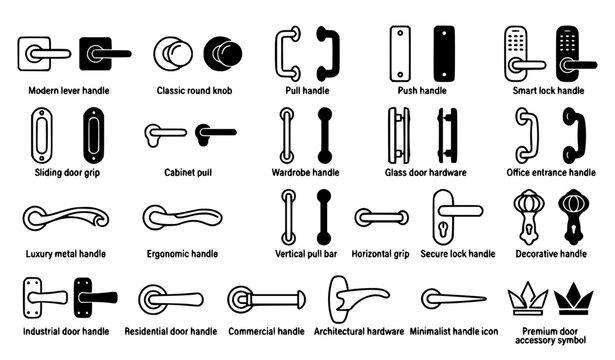 Modern Door Handle Outline and Filled Icon Collection Editable Vector