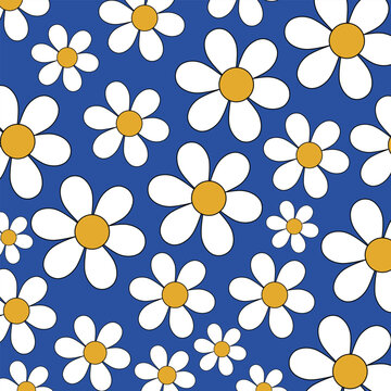 Retro Bold Daisy Floral Seamless Pattern on Vibrant Cobalt Blue Background