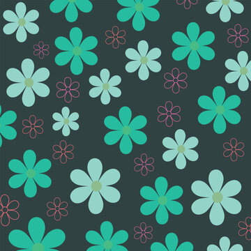 Retro Turquoise Floral Seamless Pattern on Dark Charcoal Background