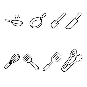 Kitchen utensils and cooking tools minimalist icon set