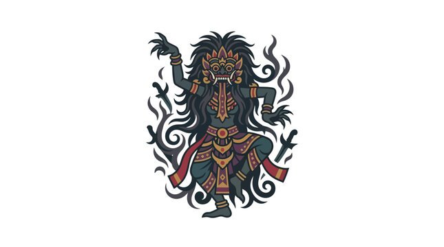 Dancing Rangda demon goddess with flowing hair.