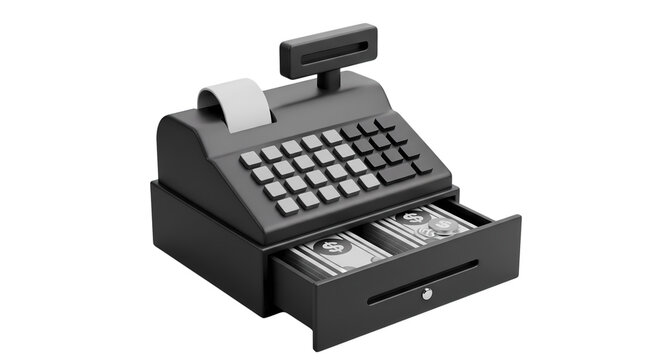 3D Isometric Illustration of a Black Cash Register with Open Cash Drawer and Banknote Money