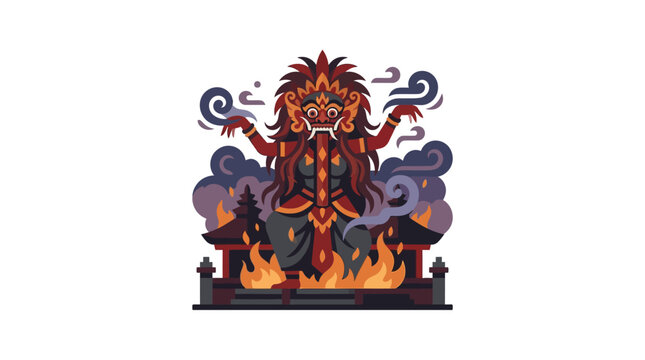 Dark Balinese Rangda demon standing in temple fire