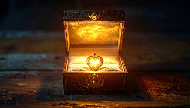 Heart-shaped pendant in a wooden box with glowing light.