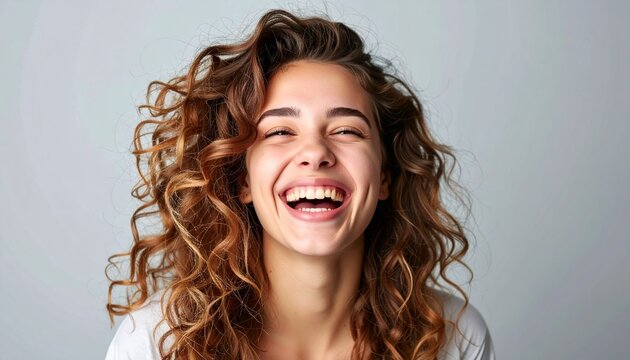 Radiant woman with curly hair laughing joyfully, showcasing natural beauty.