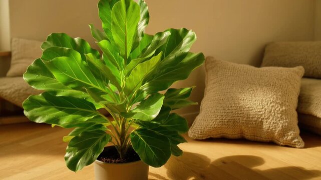Potted fiddle leaf fig in a cozy living room. Indoor houseplant decor for modern home interior.