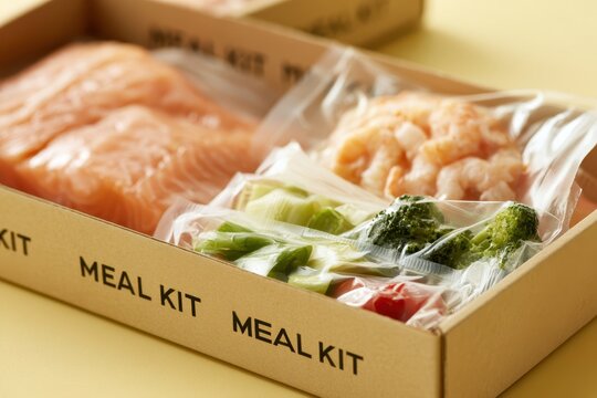 Raw salmon fish fillet, shrimps and green vegetables inside vacuum plastic bags in cardboard box. Meal Kit Delivery, nutrition kits. Fresh food ingredients for cooking. Home wellness. Ready made set